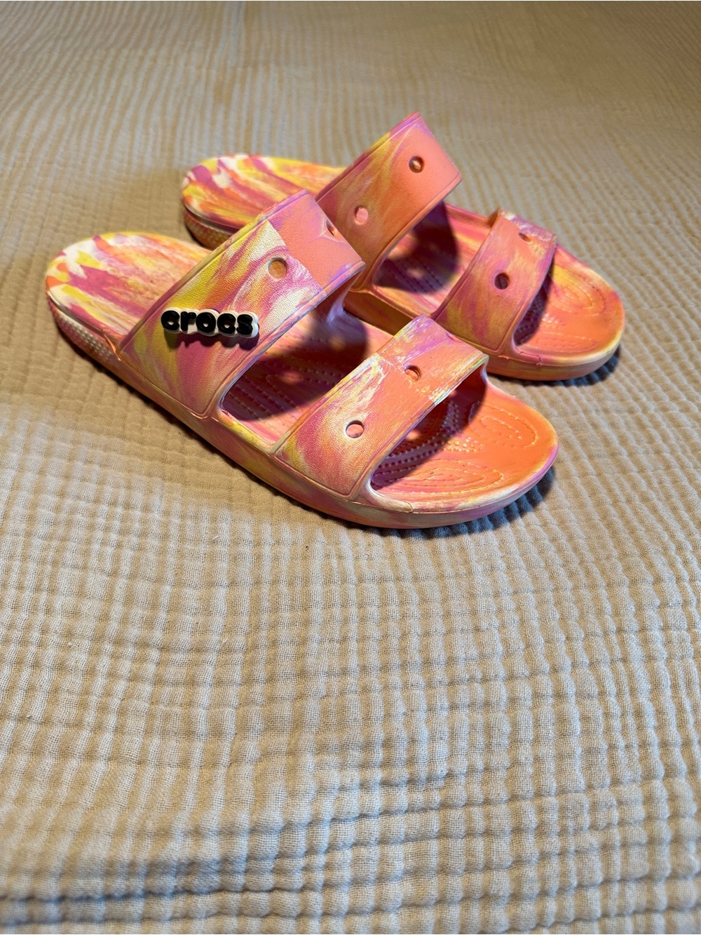 CROCS Tie-Dye Double Strap Slides in Pink & Yellow